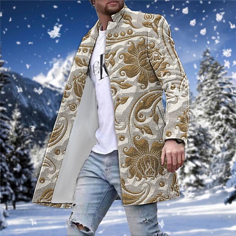 Men's Winter Coat Overcoat Coat Going out Weekend Print Fall & Winter Turndown Long Sleeve Blue Green khaki
