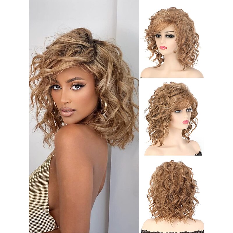 14 inch Short Curly Wavy Bob Wigs for Women Ombre Blonde Wavy Wigs with Side Bangs Synthetic Hair Wig