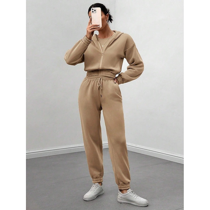 Solid Casual 3 Piece Set, Zip Up Hooded Jacket & Sleeveless Crew Neck Tank Top & Drawstring Elastic Waist Jogger Pants Outfits, Women's Clothing3