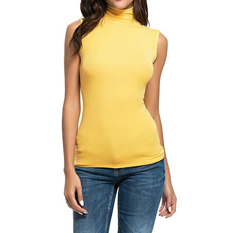 Women's Camisole Tank Top Plain Fashion Sleeveless High Neck Regular Tops Casual Black White Yellow Purple Fuchsia Spring & Summer3