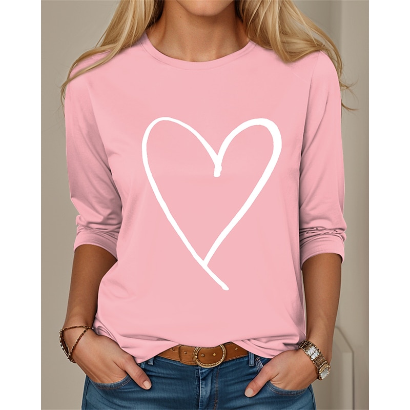 Valentine Women's Heart T Shirt Cute Red Tee Regular Tops Long Sleeve Round Neck Print Regular Fit Valentine Weekend Black Pink Red Spring &  Fall2