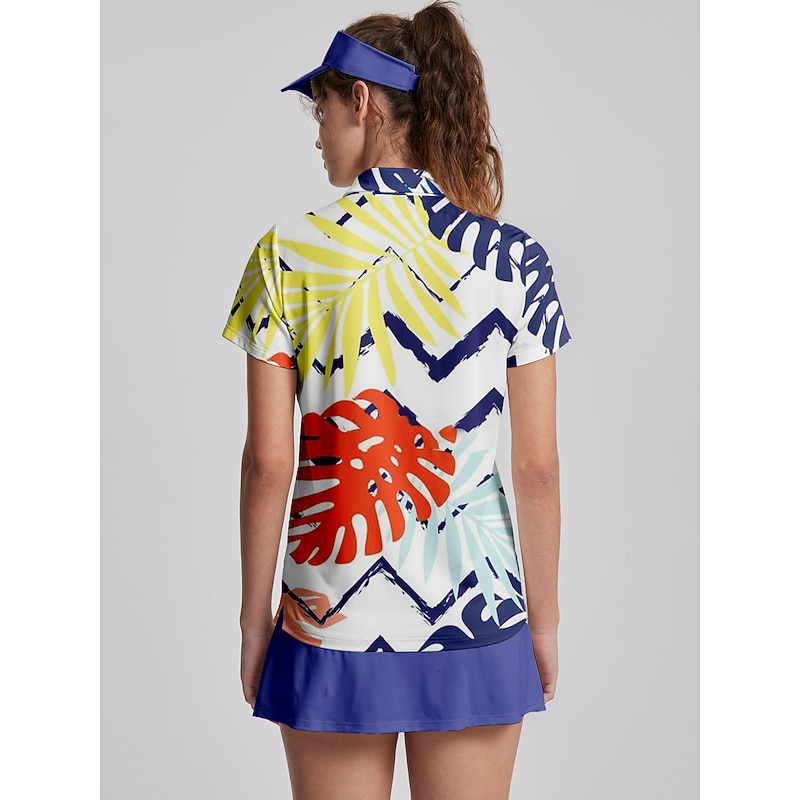 Women's Golf Polo Shirt Blue Short Sleeve Sun Protection Top Leaf Ladies Golf Attire Clothes Outfits Wear Apparel2