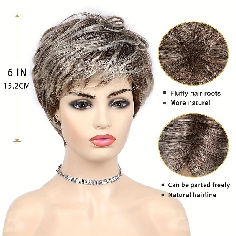 Brown Mixed Blonde Short Layered Nature Curly Hair Wigs With Bangs Synthetic Heat Resistant Weave Full Wigs For Women 6 Inch4