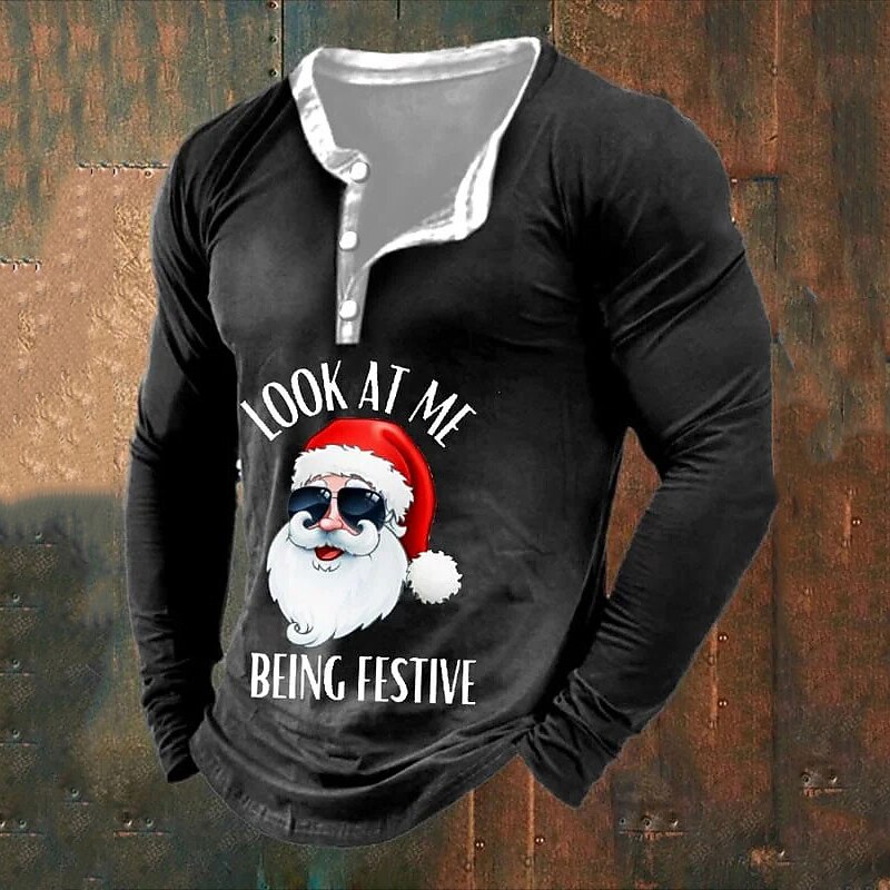 Christmas Men's Funny Christmas Henley T Shirt Graphic Santa Claus Fashion Daily Casual 3D Print Henley Casual Holiday Going out Black Red & White Green Long Sleeve Henley Spring &  Fall Clothing2