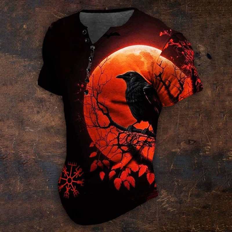 Men's Graphic Crow Viking T Shirt Henley Shirt Short Sleeve 3D Print Daily Retro Vintage Classic Sports Outdoor Holiday Going out Spring &  Fall Yellow Red Blue Green Henley Henley T-Shirt