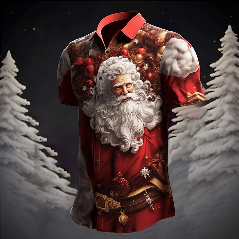 Christmas Men's Santa Claus Printed Shirts Santa Claus Casual Daily Wear Going out Weekend Autumn / Fall Turndown Short Sleeves Burgundy, Dark Navy, Navy Blue S, M, L 4-Way Stretch Fabric Christmas4