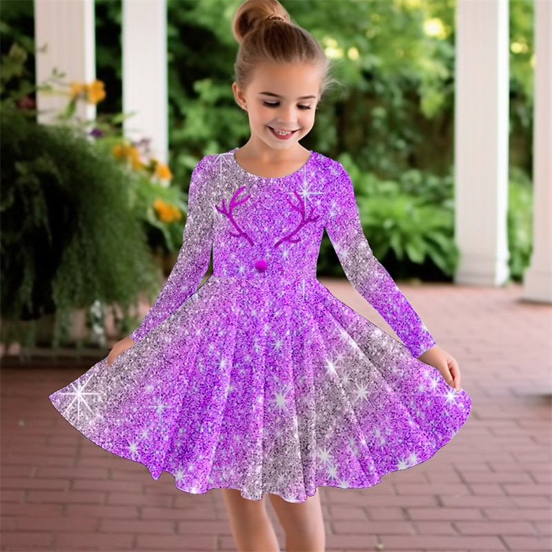 Girls' 3D Elk Dress Pink Long Sleeve 3D Print Fall Winter Vacation Sports & Outdoor Daily Cute Casual Beautiful Kids 3-12 Years Casual Dress A Line Dress Above Knee Regular Fit4