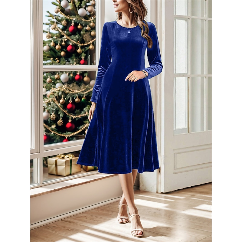 Women's Midi Dress Long Sleeve Velvet Burgundy Elegant Evening Flared Winter Autumn Semi-Formal Regular Fit Clothing Apparel3