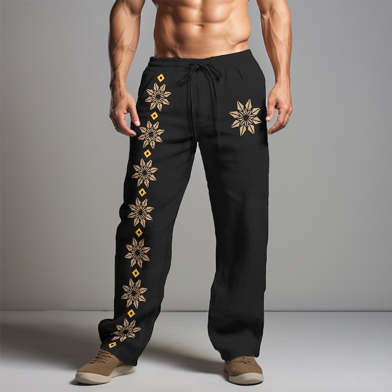Men's Graphic Florals Linen Pants Pants Trousers Baggy Pants Mid Waist Vintage Casual Vacation Daily Wear Going out Spring Fall Black White Khaki4