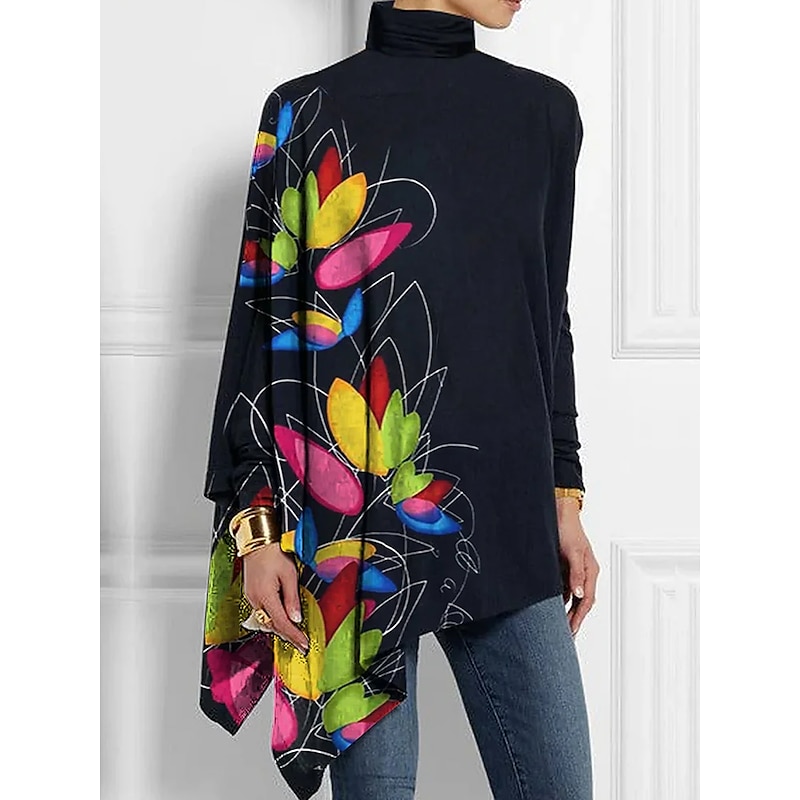 Women's T Shirt Floral Fashion Long Sleeve High Neck Long Tops Holiday Weekend Print Asymmetrical Black Yellow Red Blue Purple Spring &  Fall3