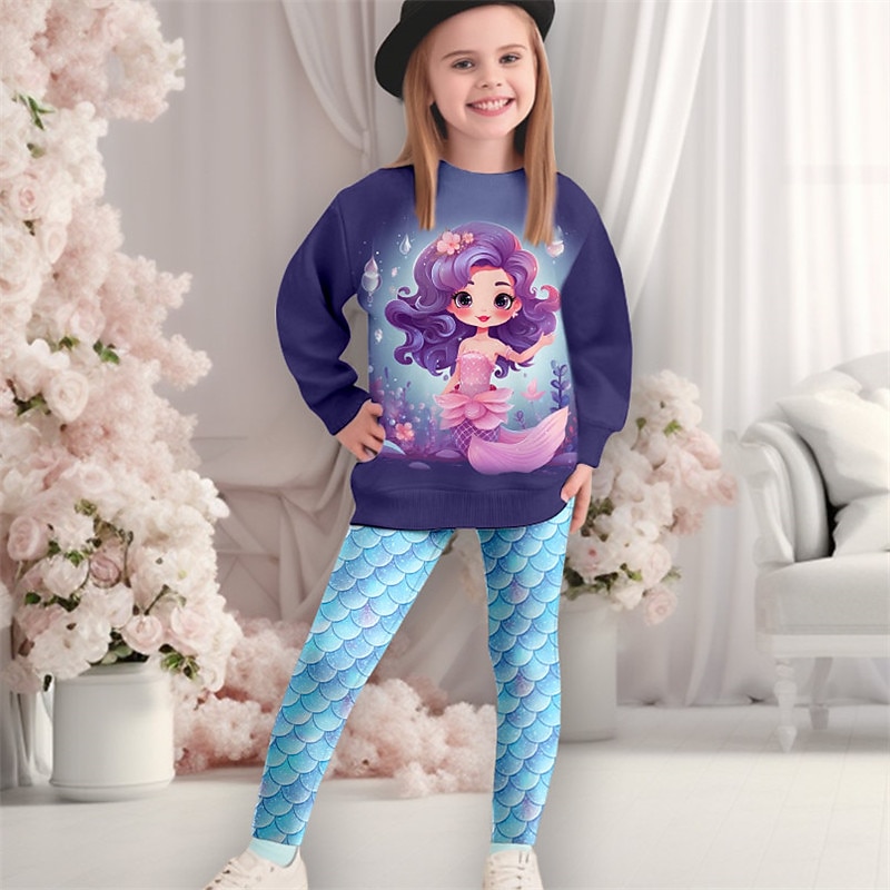 Girls' 3D Mermaid Sweatshirt & Legging Set Pink Long Sleeve 3D Print Fall Winter Active Fashion Daily Kids 3-12 Years Crew Neck Outdoor Vacation Date Regular Fit3