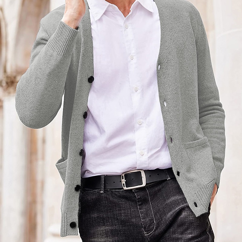 Men's Sweater Cardigan Sweater Ribbed Knit Knitted Plain V Neck Fashion Casual Sports Daily Wear Clothing Apparel Spring &  Fall Wine Red Black M L XL2