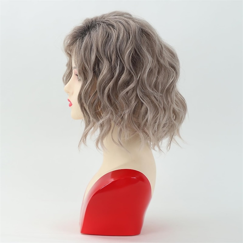 Wavy Bob Wig Short Dark Grey Blonde Curly Bob Wigs for Women Chin Length Side Part Wavy Wigs for Girls Natural Looking Short Hair Wig for Daily Party Cosplay4