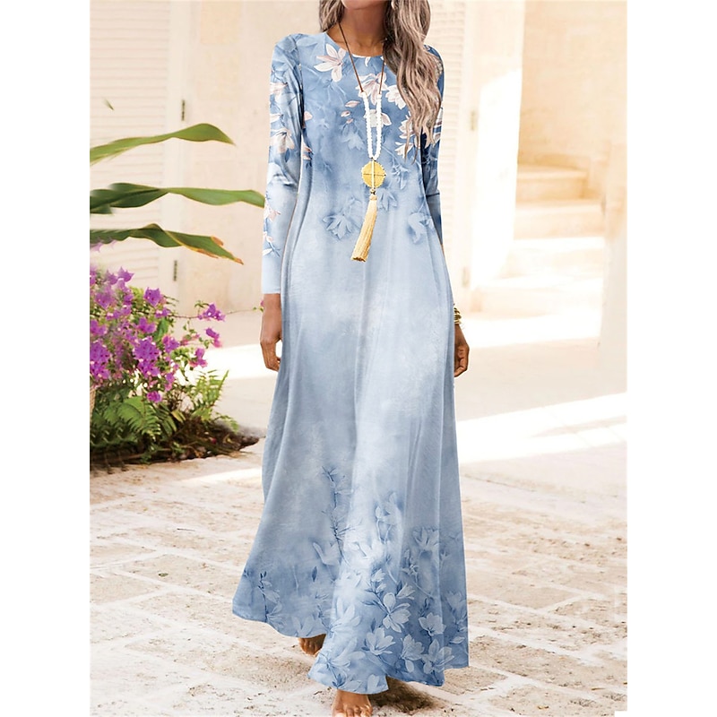 Women's Maxi Dress Vintage Bohemian A Line Dress Crew Neck Long Sleeve Casual Dress Winter Dress Swing Dress Fashion Streetwear Modern Outdoor Daily Date Fit Floral Pink Blue Purple Fall Winter