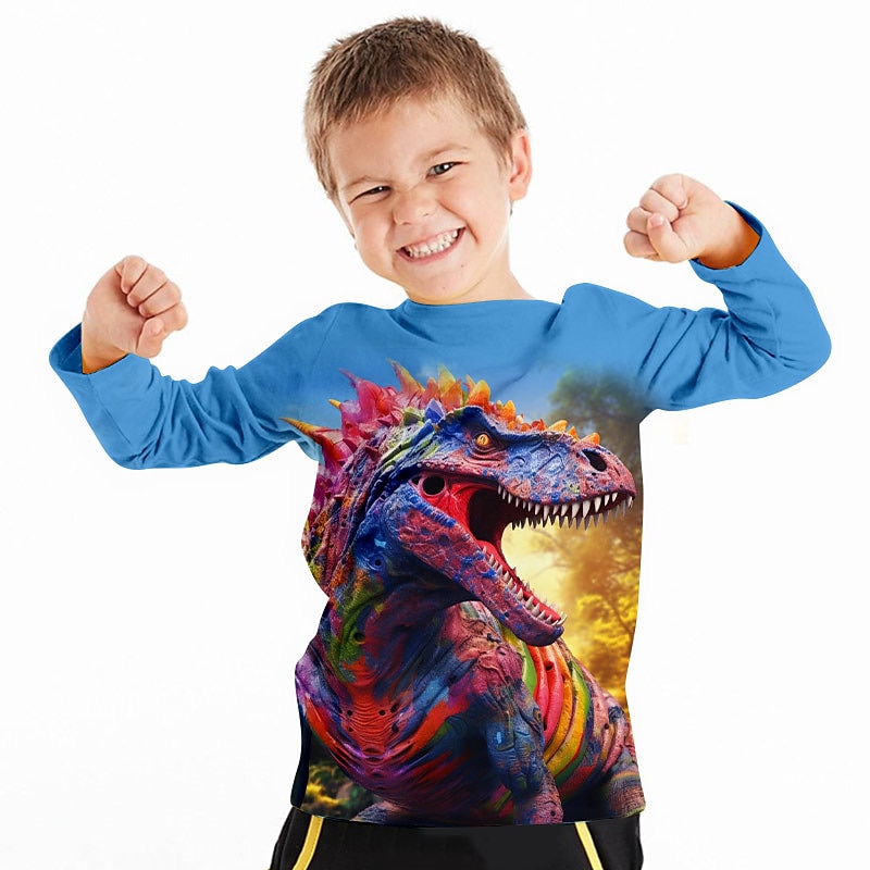 Boys 3D Dinosaur Tee Shirts Long Sleeve 3D Print Fall Winter Sports Fashion Streetwear Kids 3-12 Years Crew Neck Outdoor Casual Daily Regular Fit