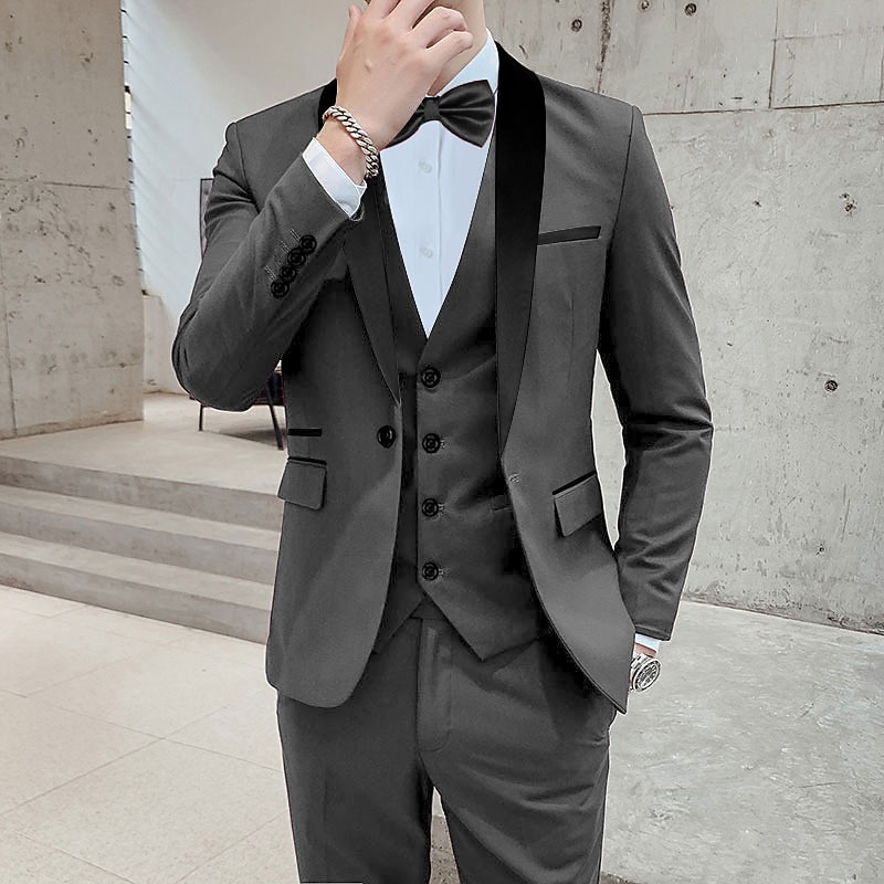 Men's Wedding Party Tuxedos Black Red Solid Color Standard Fit 3 Piece Single Breasted One-button3