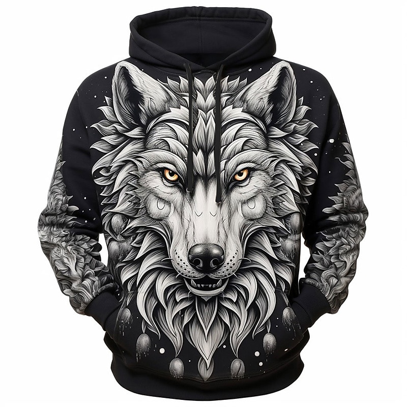 Men's Graphic Wolf Hoodie Hoodies Sweatshirt Fashion Daily Long Sleeve Hooded Vacation Sports Outdoor Holiday Blue Dark Blue Print Front Pocket Spring &  Fall Designer2