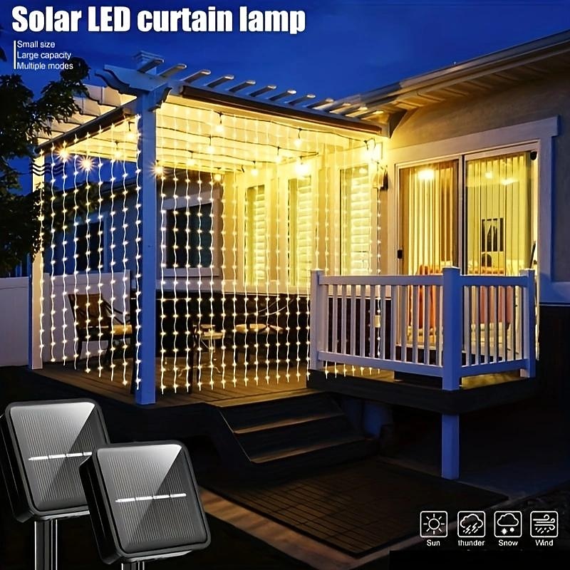 Outdoor Solar Curtain String Light, 3 * 3M-300LED/3 * 2M-200LED/3 * 1M-100LED, 8 Lighting Modes, IP65 Waterproof, Suitable for Home Garden, Porch, Backyard Wedding Parties, Thanksgiving Christmas2