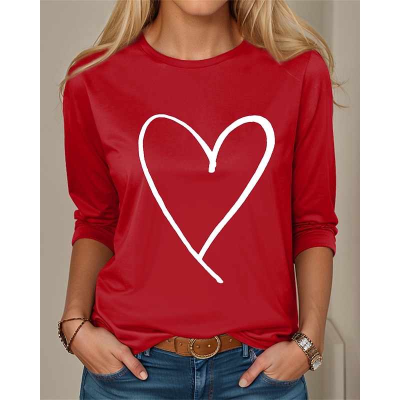 Valentine Women's Heart T Shirt Cute Red Tee Regular Tops Long Sleeve Round Neck Print Regular Fit Valentine Weekend Black Pink Red Spring &  Fall