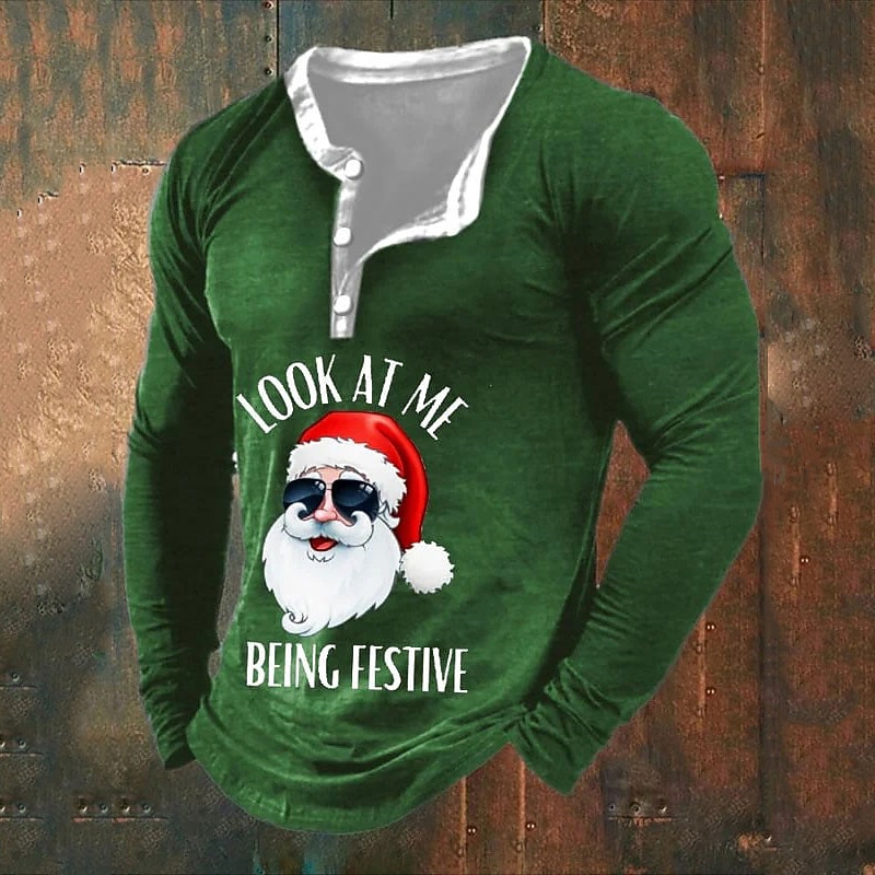 Christmas Men's Funny Christmas Henley T Shirt Graphic Santa Claus Fashion Daily Casual 3D Print Henley Casual Holiday Going out Black Red & White Green Long Sleeve Henley Spring &  Fall Clothing
