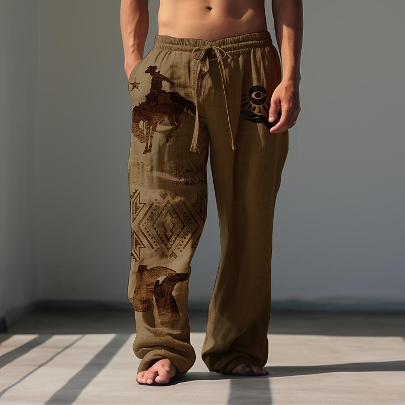 Men's Cowboy Linen Pants Pants Trousers Baggy Pants Mid Waist Vintage Outdoor Daily Wear Streetwear Fall & Winter Black White Green3