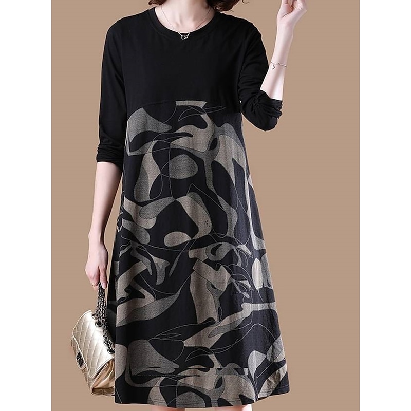 Women's Casual Dress Winter Dress Floral Color Block Patchwork Print Crew Neck Midi Dress Daily Vacation Long Sleeve Fall Winter3