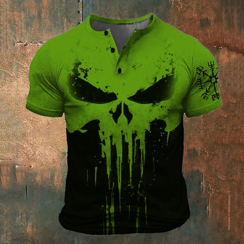 Men's Halloween Graphic Skull Viking T Shirt Henley Shirt Short Sleeve 3D Print Fashion Retro Vintage Classic Sports Outdoor Holiday Going out Spring & Summer White Red Blue Brown Green Henley Henley3