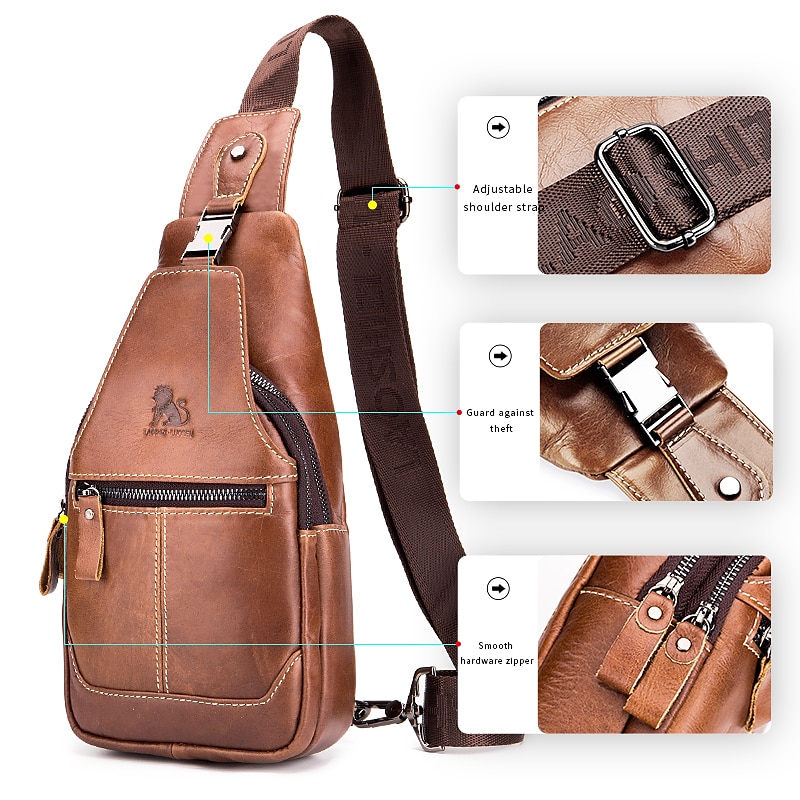 Men's Brown Leather Sling Bag with Adjustable Strap and Multiple Zipper Pockets – Stylish Crossbody Travel and Casual Shoulder Bag2