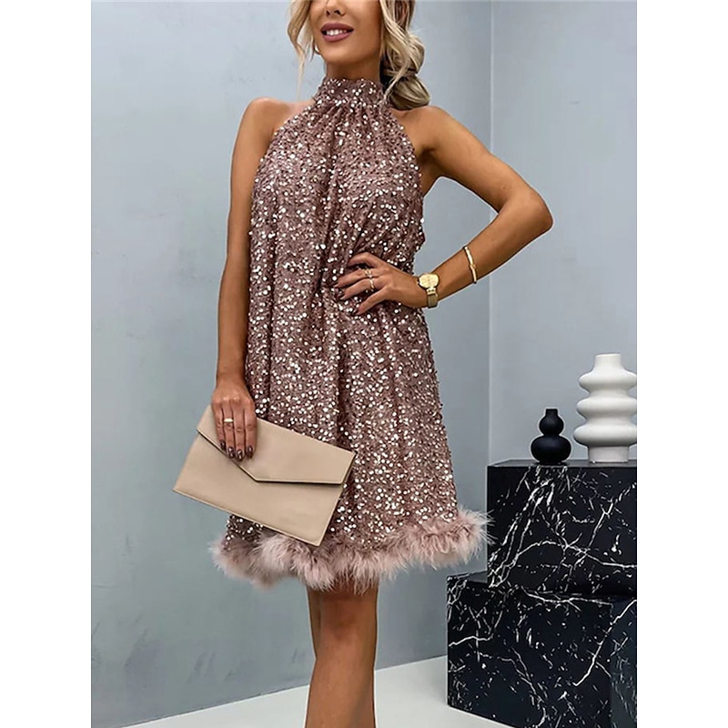 Women's Sequin Dress Party Dress Feather Dress Sequins Sparkly Halter Neck Sleeveless Mini Dress Winter Dress Wedding Guest Black Pink Spring Fall