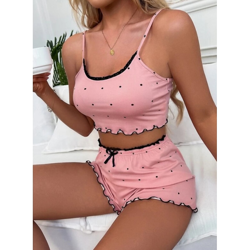 Women's Valentine Pajama Sets 2 Pieces Dot Print Lettuce Trim Crop Cami Top with Shorts Pj Sets Pink Gray 3 3XL Sping Summer Home Outfits