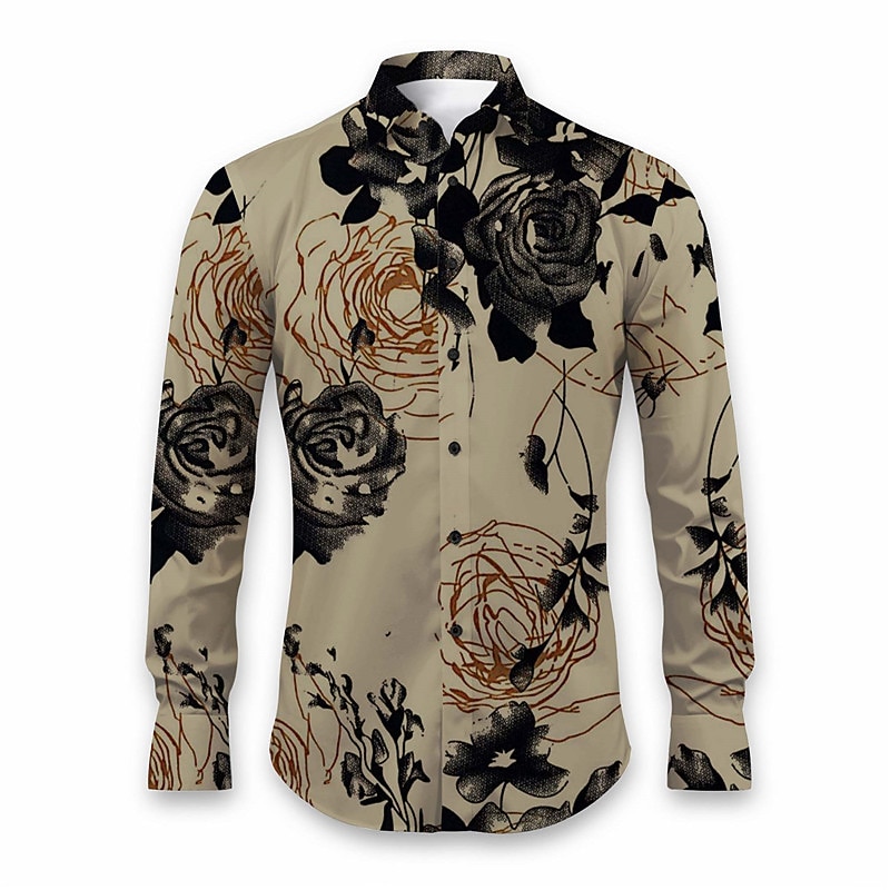 Men's Floral Shirt Button Up Shirt Long Sleeve Casual Daily Wear Going out Fall & Winter Turndown Print Button-Down White Khaki Gray2