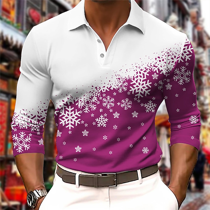 Christmas Men's Christmas Scene 3D Polo Snowflake Casual Golf Long Sleeve Outdoor Casual Daily Streetwear Fall & Winter 3D Print Turndown Lake blue Black Wine Micro-elastic Polyester4