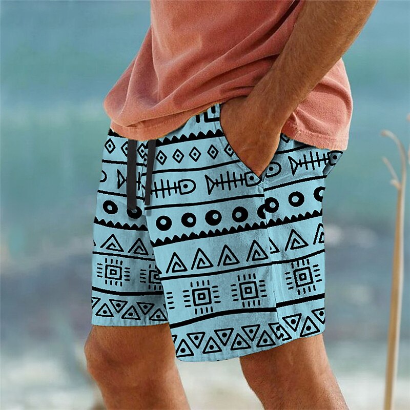 Men's Geometric Pattern Fish Sweat Shorts Beach Shorts Terry Shorts Mid Waist Ethnic Style Casual Daily Holiday Streetwear Drawstring Elastic Waist 3D Print Designer Clothing Apparel