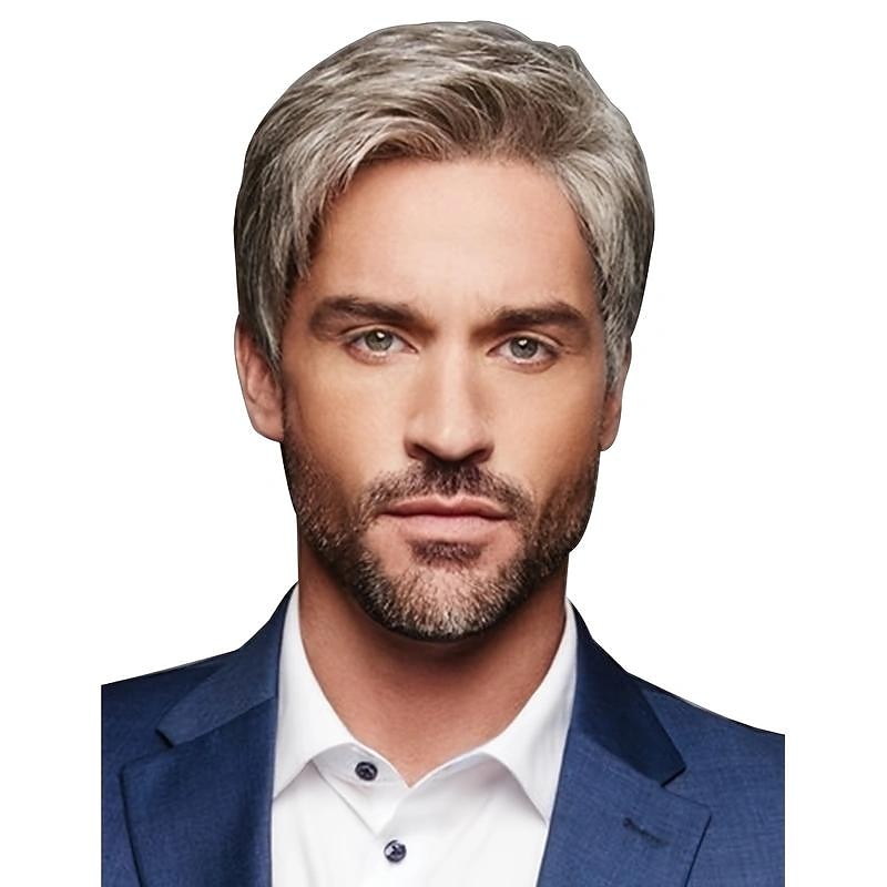 1pc Men's New Middle-aged Dark Grey Gradient Brown Short Straight Wig