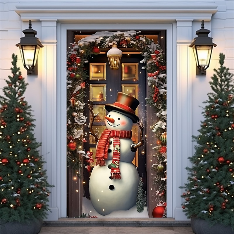 Christmas Door Decorations Snowman Door Covers Door Tapesty Door Curtain Decoration Backdrop Door Banner for Front Door Farmhouse Holiday Party Decor Supplies2