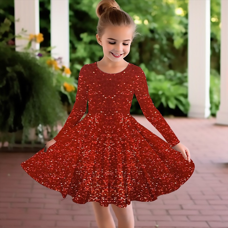 Girls' 3D Plaid Snowflake Dress Long Sleeve 3D Print Fall Winter Vacation Sports & Outdoor Daily Cute Casual Beautiful Kids 3-12 Years Casual Dress A Line Dress Above Knee Regular Fit