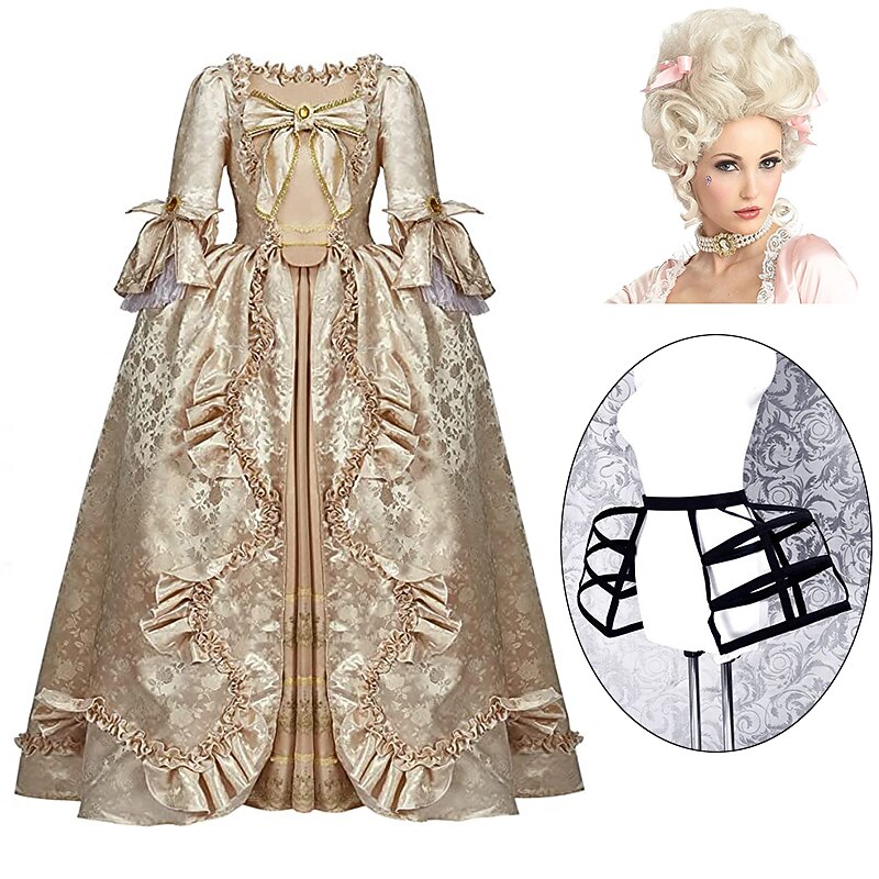Set with Rococo Ball Gown Dress Blonde Baroque Wig Petticoat Hoop Skirt Crinoline 3 PCS Outfits Retro Vintage Victorian Renaissance Princess Colonial Prom Dress Women's Cosplay Costume Party