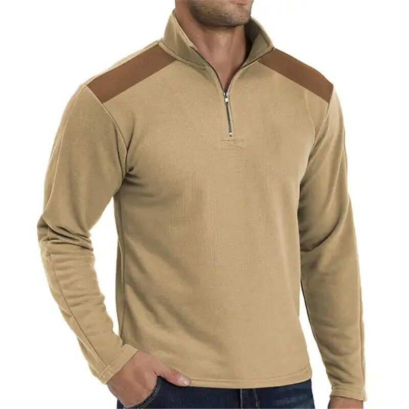 Men's T Shirt Zip Half Shirt Tee Top Long Sleeve Shirt Long Sleeve Quarter Zip Spring &  Fall Color Block Fashion Designer Basic Patchwork Vacation Street Going out khaki Top Tee for Men2