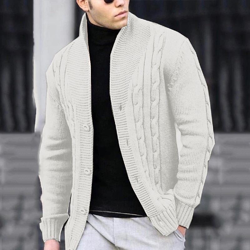 Men's Cardigan Sweater Cropped Sweater Cable Knit Regular Button Up Plain Lapel Vintage Warm Ups Casual Daily Wear Clothing Apparel Fall Winter Black White S M L2