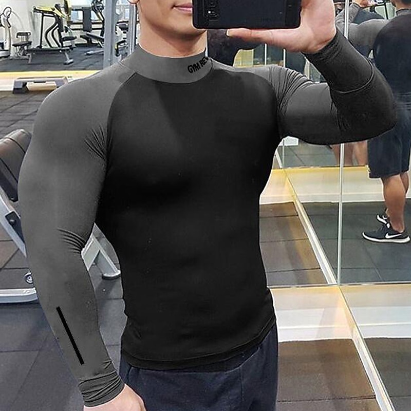 Men's T shirt Tee Gym Shirt Compression Shirt Training Shirt Workout Shirts Stand Collar Long Sleeve Training Sports & Outdoor Fitness Casual Daily Gym Quick dry High Stretch Sweat wicking Soft Color