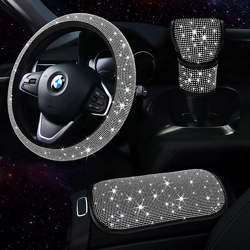 3pcs Bling Car Accessories Set For Women, Bling Steering Wheel Covers Universal Fit 15 Inch