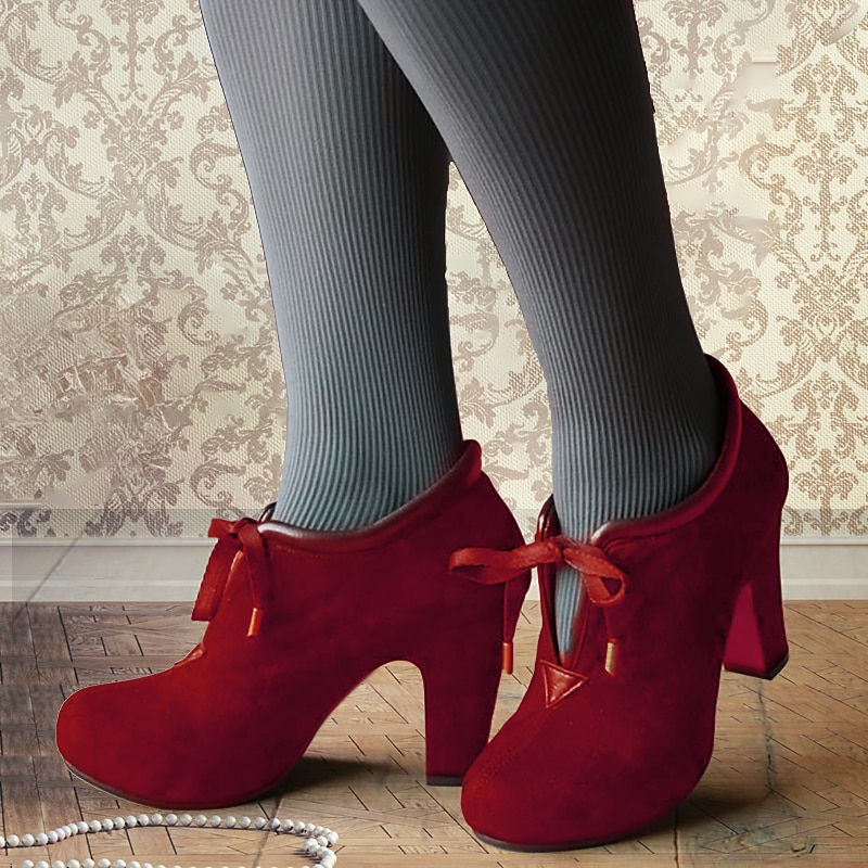 Women's Red Suede Lace-Up Ankle Boots with Block Heel – Ideal for Holidays, Parties, and Special Festive Occasions2