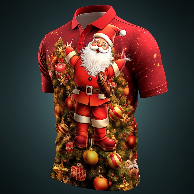 Christmas Men's Santa Claus 3D Polo Santa Claus Casual Golf Short Sleeve Outdoor Daily Wear Streetwear Autumn / Fall 3D Print Turndown Yellow Wine Red Polyester2