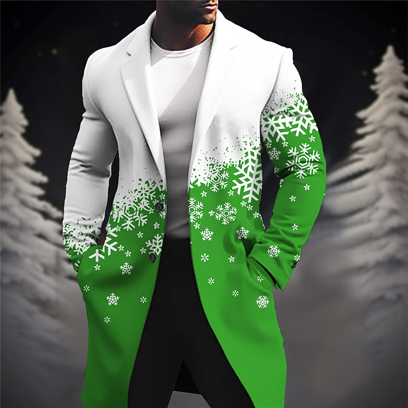 Men's Snowflake Winter Coat Overcoat Coat Warm Comfortable Breathable Business Casual Christmas Work Wear to work Pocket Print Fall & Winter Turndown Long Sleeve Wine Blue Purple2