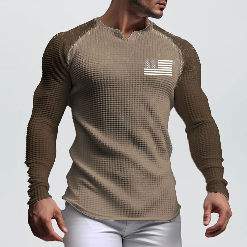 Men's Graphic National Flag T Shirt Raglan T Shirt Waffle T Shirt Long Sleeve T shirt 3D Print V Neck Shirt Daily Classic Outdoor Sports Outdoor Casual Going out White Brown Dark Blue Spring &  Fall3