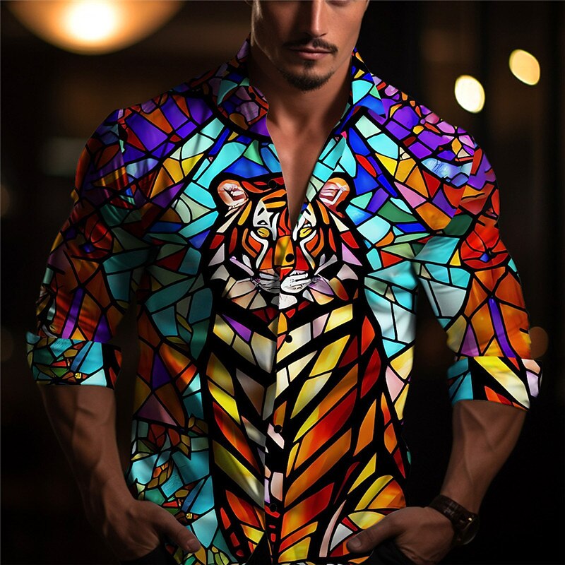 Men's Colorful Color Block Tiger Shirt Long Sleeve Artistic Abstract Daily Wear Going out Fall & Winter Turndown Print Button-Down Yellow Blue