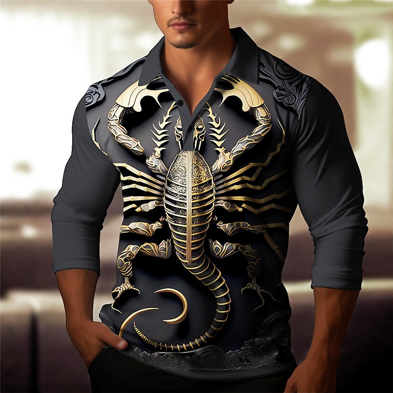 Men's Scorpion Polo Shirts Golf Shirt Long Sleeve Polo Shirts Collared Shirts Casual Funny Vacation Wear Party Outfits 3D Print Buttons Fall & Winter Silver Gold