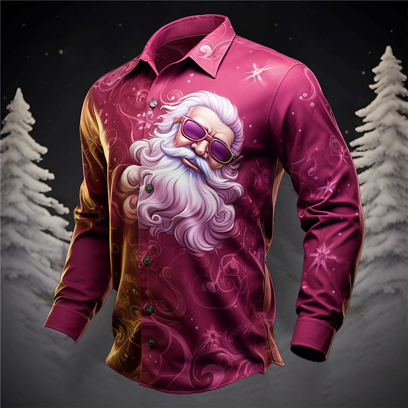 Christmas Men's Santa Claus Printed Shirts Santa Claus Casual Daily Wear Going out Fall & Winter Turndown Long Sleeve Purple, Fuchsia S, M, L 4-Way Stretch Fabric Christmas2