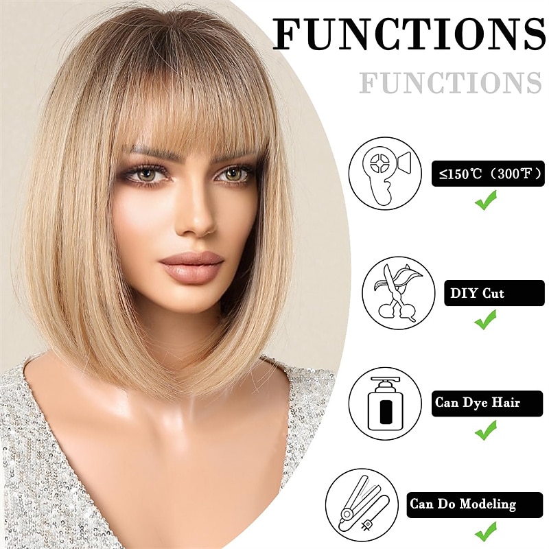Bob Ombre Blonde Wig with Bangs Natural Short Straight Wigs for Women Shoulder Length Synthetic Wigs for Daily Cosplay3