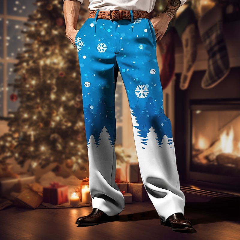 Christmas Men's Christmas Scene Printed Pants Snowflake Business Casual 3D Print Trousers Outdoor Street Wear to work Ugly  Polyester Wine Yellow Blue S M L High Elasticity Pants2